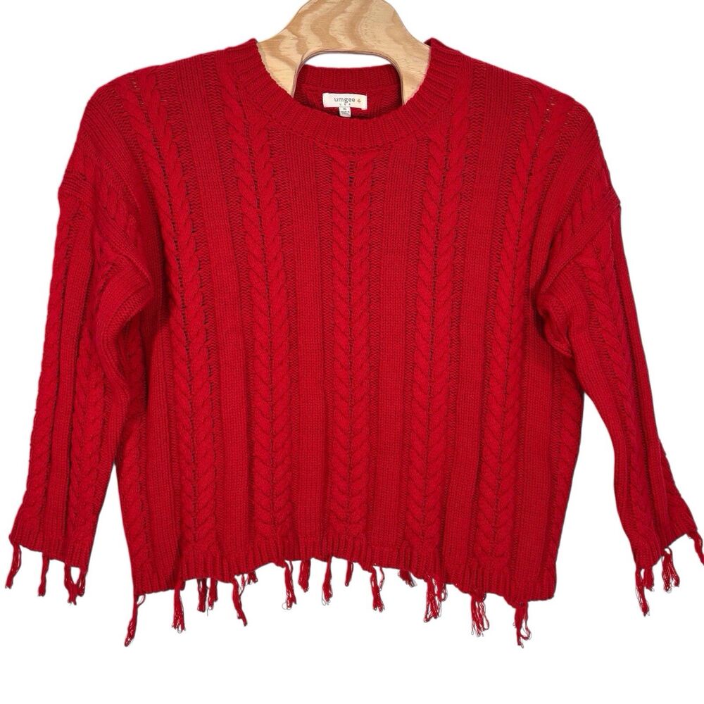 Umgee Cable Knit Sweater Dolman Sleeves Frayed Tassels Red Size XL Fisherman